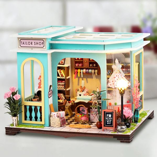 Boutique de tailleur en bois de bricolage kits de construction miniature Casa Berger avec des lumières assemblées bibliothèque décoration de maison cadeaux 240516