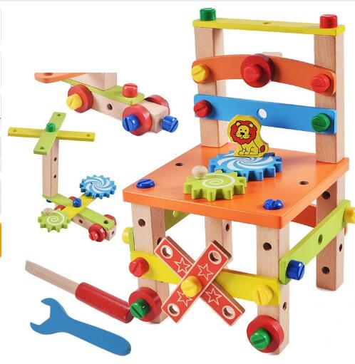 DIY Wooden Toy Assambed Morefer Tool Chair for Children Multivuncation Tool Caorm Intelligence Kids Toys 36x28.5x6cm