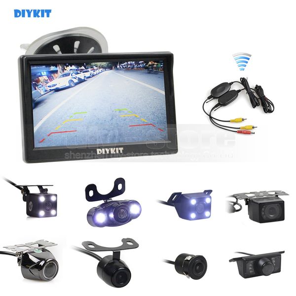 DIYKIT, Monitor inalámbrico de 5 pulgadas para retrovisor de coche, vídeo de aparcamiento automático + cámara LED de visión nocturna, cámara de marcha atrás HD, cámara de visión trasera para coche