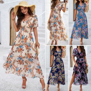 Diyun Temu Womens 2024 lente/zomer elegante geprinte taille gewikkeld korte mouwen jurk