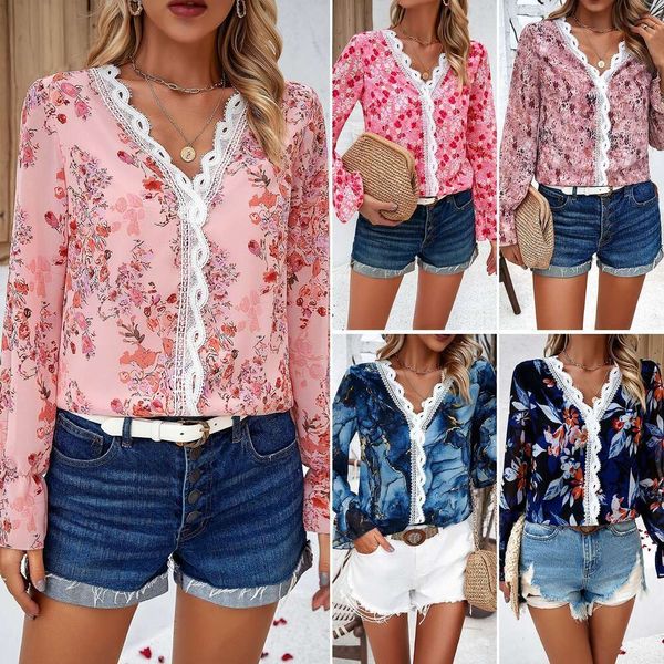 Diyun Camisa de manga larga con cuello en V y estampado informal elegante Primavera/Verano 2024 para mujer