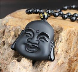 DJ Jewelry 100 Natural Black Obsidian Carving Maitreya Boeddha Hoofd Hanger Women Men039S Lucky Amulet Jewelry Pendants with Be6311309