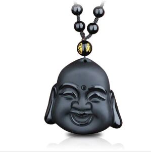 DJ Sieraden 100% Natuurlijke Zwarte Obsidiaan Carving Maitreya Boeddha Hoofd Hanger Vrouwen mannen Lucky Amulet Sieraden Hangers Met Be267x