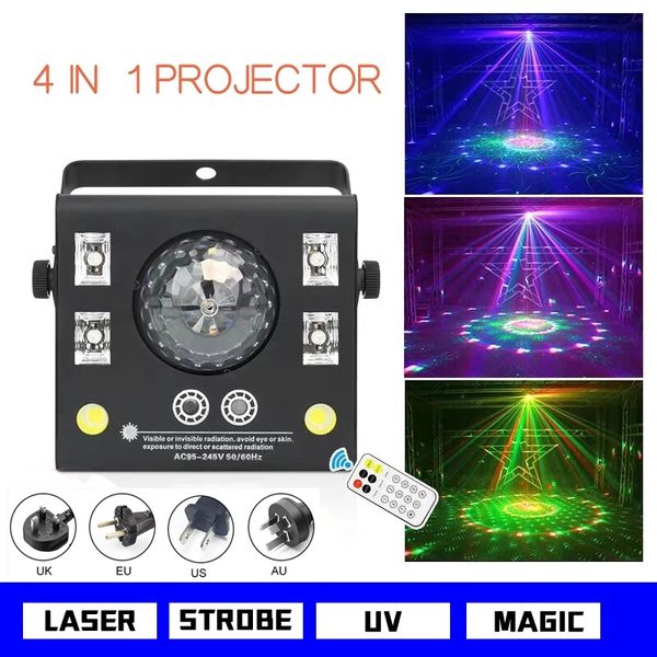 Luz de iluminación láser para DJ 4 en 1 Lámpara de patrón LED de efecto mixto Lámparas estroboscópicas con control remoto Luces de escenario activadas por sonido DMX Home Dance Wedding Event Party