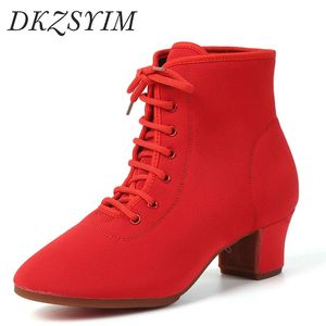 DKZSYIM, zapatos de baile latino de salón para mujer, zapatos de baile modernos de Jazz, botas de baile con cordones, zapatillas deportivas de baile rojas y negras 240117