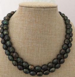 Doble Filamentos 10-11mm Tahitian Negro Verde Barroco Collar de Perlas 18 "19"