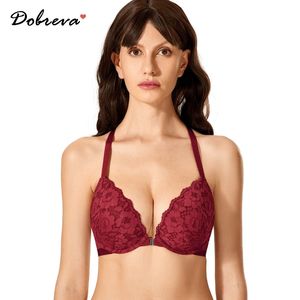 DOBREVA Sujetador de cierre frontal floral para mujer con encaje en la espalda acolchado Push Up Bralette con aros B C D DD Copa 201202