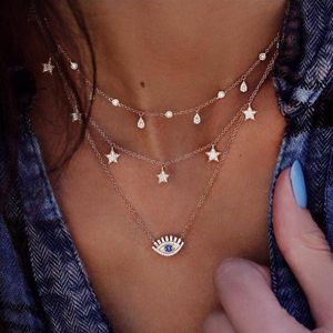 Vintage Goud Kleur Crystal Water Drop Star Eye Hanger Ketting voor Vrouwen Boho Charm Gelaagde Kettingen Halsbanden 6384