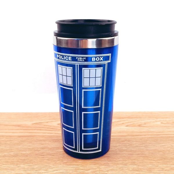 Envío gratis Doctor Dr. Who Tardis Taza de café Taza termo interior de acero inoxidable Thermomug Thermocup 450 ml Calidad 201109