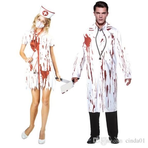 Docteur infirmière Cosplay femmes hommes Halloween thème sanglant Costume robe vêtements fête scène Wear329x