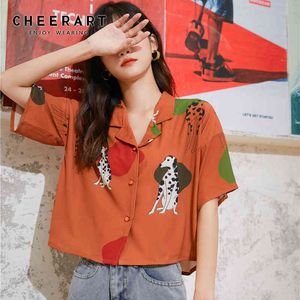 Chien Animal Imprimer Coréen Femme Chemises Casual Manches Courtes Revers Bouton Up Blouse D'été Femmes Tops Et Blouses 210427