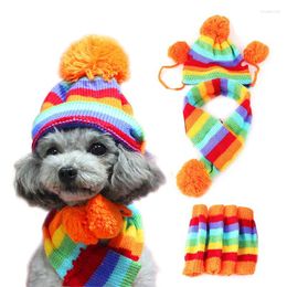 Ropa para perros 1 juego (sombrero bufanda calentadores de piernas) Sombrero de punto de rayas de arco iris Productos para mascotas de invierno Accesorios de ropa cálida para perros pequeños