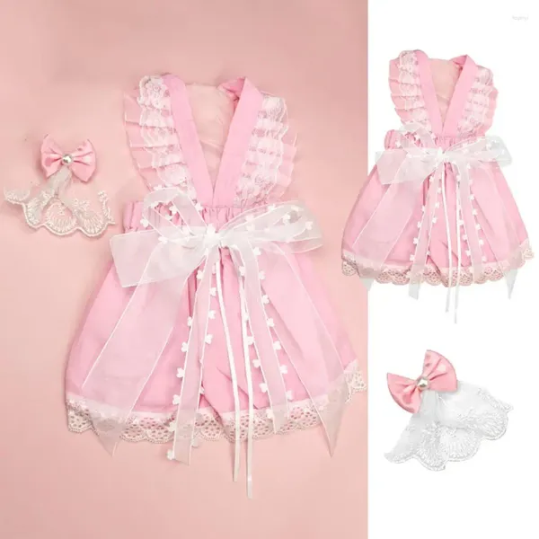 Ropa para perros 1 set vestido para mascotas suave cómodo boda encaje costura verano bowknot falda con accesorios para el cabello desgaste diario