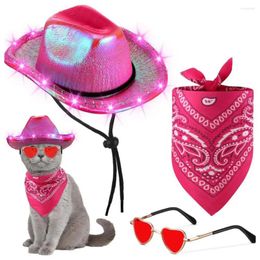 Vêtements de chien 1 ensemble chapeau d'animal de compagnie écharpe lunettes cowboy lumière LED brillant coeur lentille à lacets cou enveloppement chat cosplay costume po prop