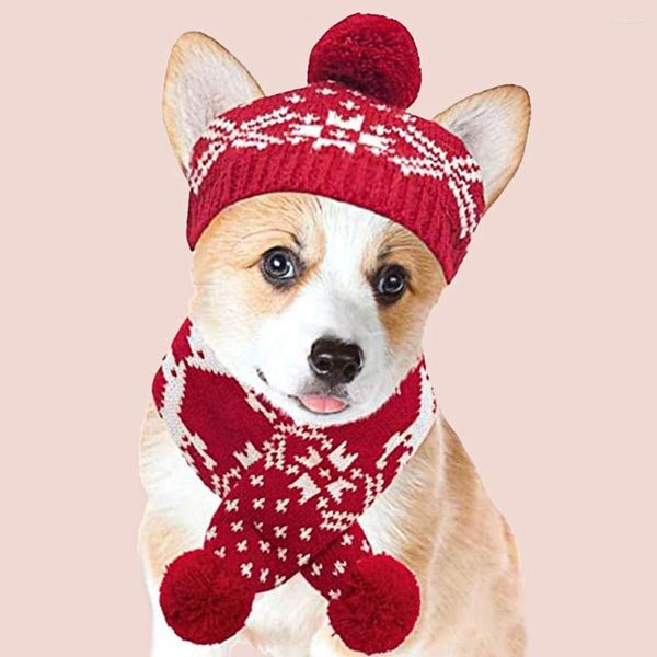 Ropa para perros 1 juego Gorro para mascotas Bufanda Patrón de copo de nieve Perros amigables con la piel Gorro de punto Kit de pañuelo para el cuello Invierno