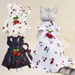 Vêtements de chien 1 ensemble robe de mariée de compagnie élégante respirable confortable Cherry Print Cat Princess Jupe avec cravate