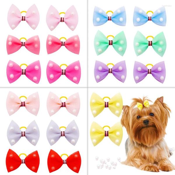 Ropa para perros 10/20/30 Uds lindos arcos para el cabello con regalos de perlas Hnad-made Cat Puppy Bowknot bandas de goma para perros suministros