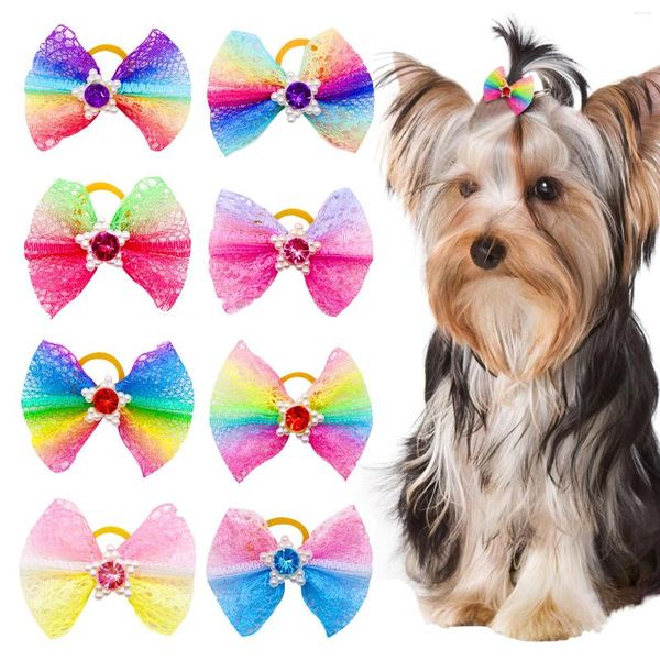 Ropa para perros, 10/20 piezas, lazos para el pelo estilo Ranbow para mascotas con perlas de Diomand, lazo decorativo colorido, regalo para suministros para gatos pequeños