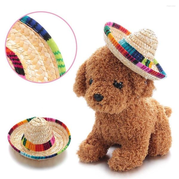 Vêtements pour chiens 1Pc Kleurrijke Verstelbare Pet Strohoed Kat Kostuum Mexicaanse Stro Cap Sombrero Met Rubberen Band Gesp Ornamenten Dierbenodigdh