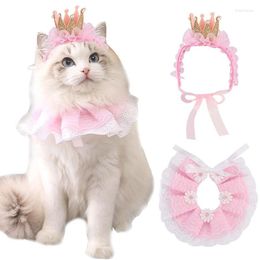 Hondenkleding 1set Pet Crown Lace Combinatie Cat Costumes Verjaardagskraag Sjaaljurk Bandanas Accessoires