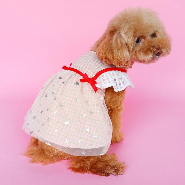 Ropa para perros 2023 Cachorro Vestidos de verano para perros Ropa Cinta Hilo Falda Pink Lattic Vestido Princesa Abrigo Suministros para mascotas