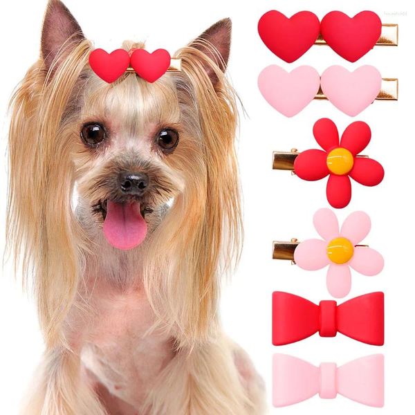 Ropa para perros 2024 Clips para el cabello para mascotas Perros Pink Flower Heart Clip Bow Linda decoración Puppy Bows para pequeños suministros Headwear