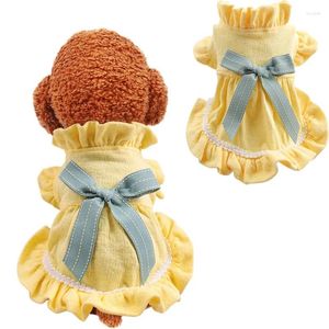 Appareils pour chiens 2024 Pet Yellow Pleed Summer Robe for Dogs Lace Lace Collar Clothes Big Bowknot Tutu Mesdames