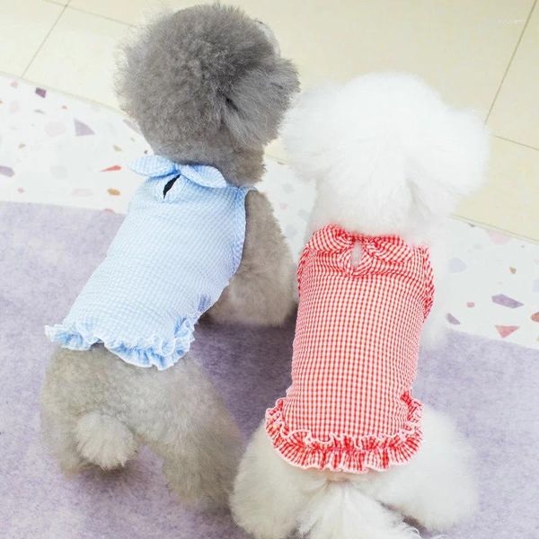 Ropa para perros 2024 dulce mascota falda a cuadros gatos lindos perros tirantes a cuadros encantador arco princesa vestido chihuahua yorks ropa