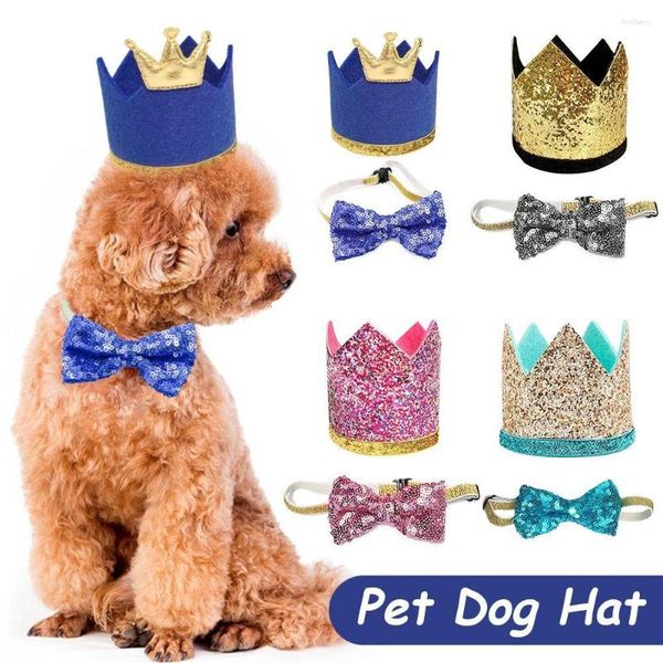 Ropa para perros 2 unids mascota cumpleaños corona sombrero pajarita conjunto gato lentejuelas pajarita niños perros accesorios cascos para moto chihuahua