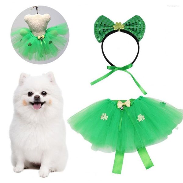 Vêtements pour chiens 2 pièces/ensemble robe de princesse pour animaux de compagnie noeud papillon coiffure Festival irlandais couleur verte Cosplay maille jupe chiot Costume