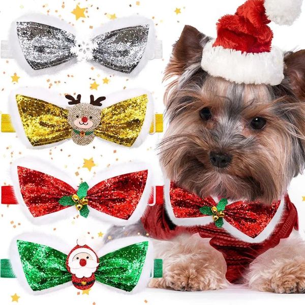 Ropa para perros 30 unids Navidad Bowties Lentejuelas Banda elástica Pequeño-Middle Pet Bow Tie Collar para el cuidado de perros Accesorios para mascotas