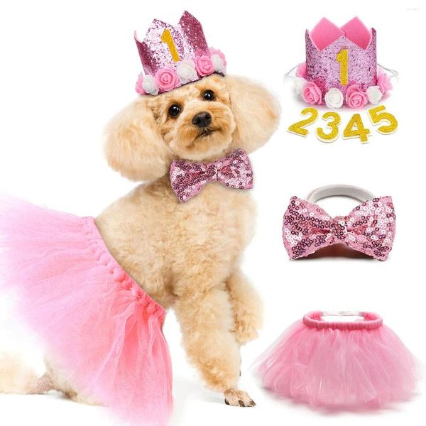 Ropa para perros 3pcs juego de vestuario de cumpleaños de mascota sombrero de lentejuelas con accesorios de ropa de falda tutú de bowtie suministros para gatos