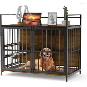 Hondenkleding 48 inch meubelstijl Grote krat met twee 360 ° verstelbare kommen eindtafel huis kennels binnengebruik