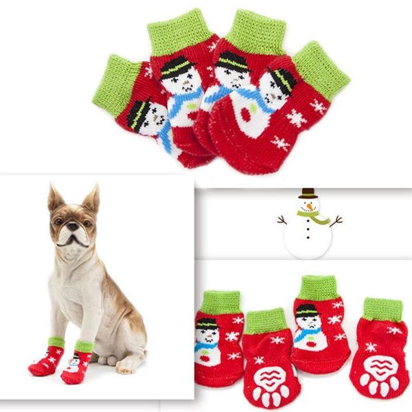 Ropa para perros, 4 Uds., bonitos zapatos navideños para gatos, calcetines antideslizantes para cachorros cálidos, botas tejidas con estampado de copos de nieve para gatos