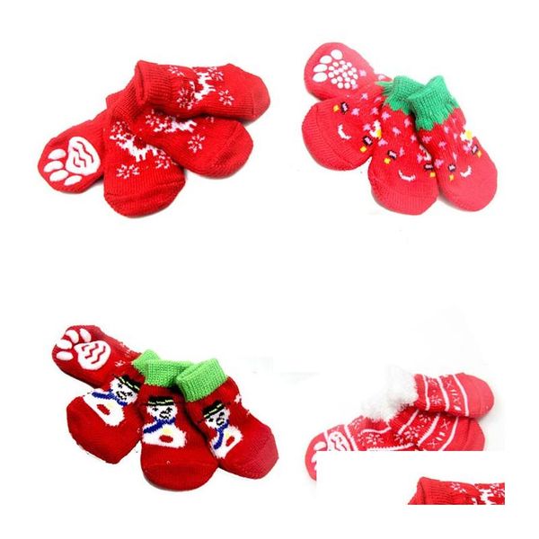 Vêtements de chien 4pcs / set automne hiver chaussettes de Noël pour animaux de compagnie anti-dérapant tricoté petits chiens chaussures épais chaud protecteur de patte mignon chiot chat dans Dhomu