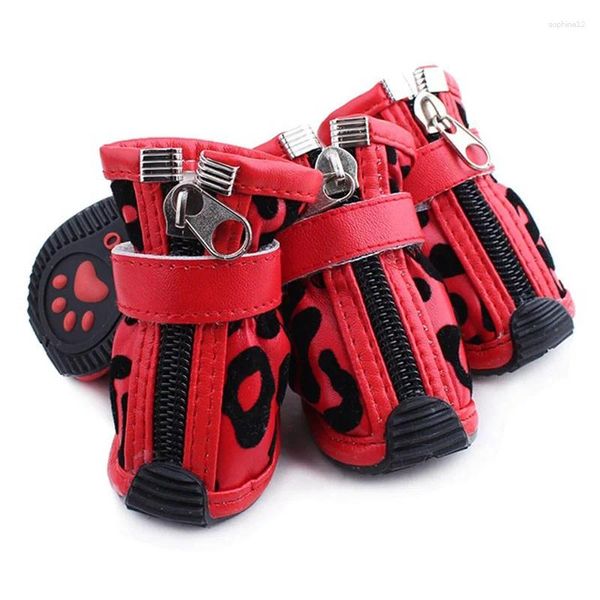 Vêtements de chien 4pcs / Set Chaussures pour animaux de compagnie Bottes imperméables Marche en plein air Soft Pu Anti-dérapant Léopard pour petits chiens moyens Sneaker Casual