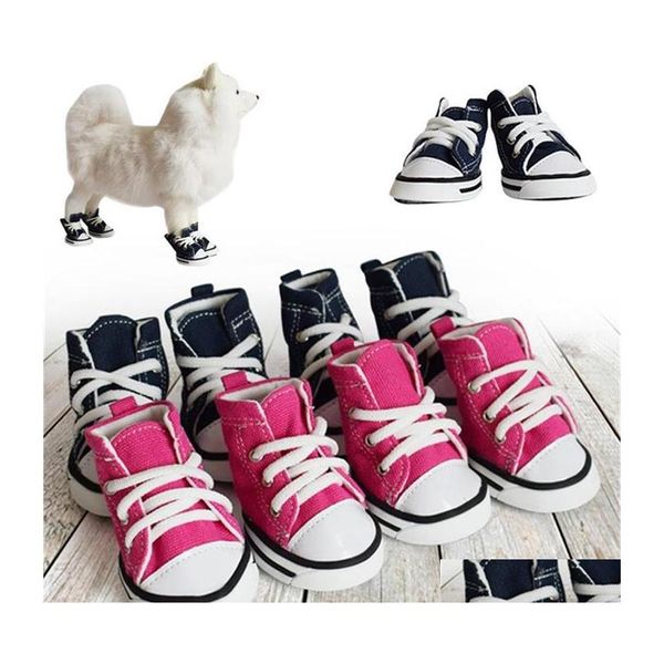 Vêtements pour chiens 4pcs / set sport pour animaux de compagnie toile jean chaussures en plein air mode chiens bleu rose denim baskets chiot chat accessoires livraison directe Dhduq