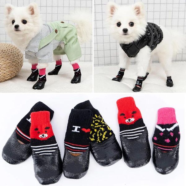 Ropa para perros 4 unids / set Zapatos de algodón suave para mascotas Goma impermeable antideslizante Punto cálido transpirable lindo lluvia botas de nieve calcetines para perros pequeños