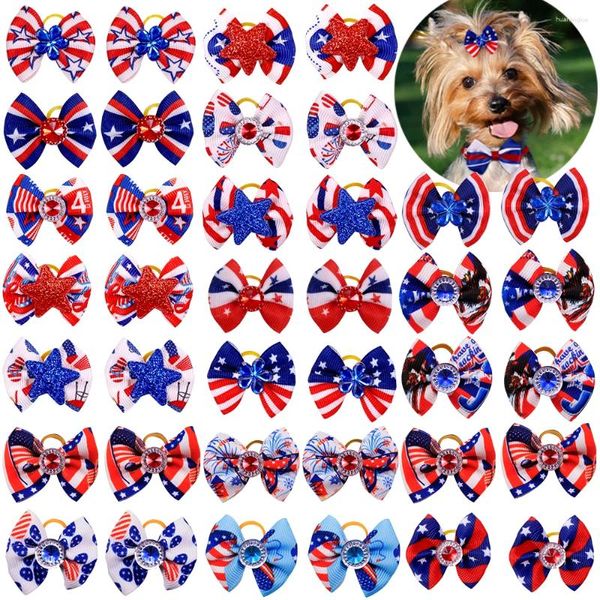 Appareils pour chiens 50pcs Bows Independence Day Accessoires pour animaux de compagnie Bands élastiques fabriqués à la main