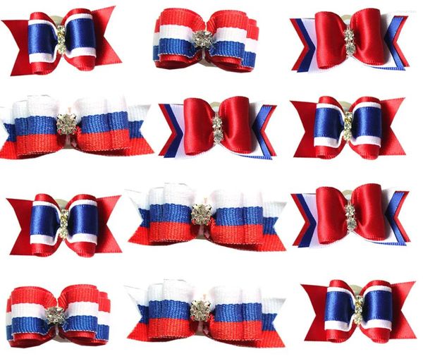 Ropa para perros 50pcs venta completa para mascotas gato gato arco para el cabello 4 de julio/julio dhinestone con gomas de goma accesorio