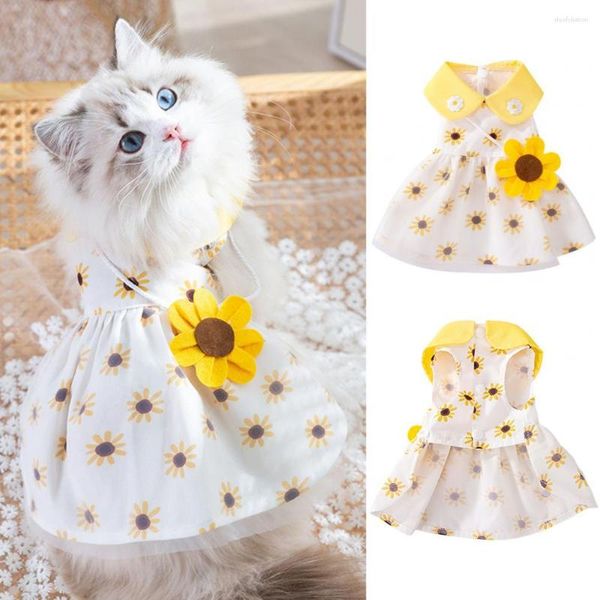 Ropa para perros Adorable Girasol Vestido para mascotas Princesa Cachorro Falda Suave Cómodo Transpirable 3D Diseño de flores Muñeca Collar Accesorio Verano