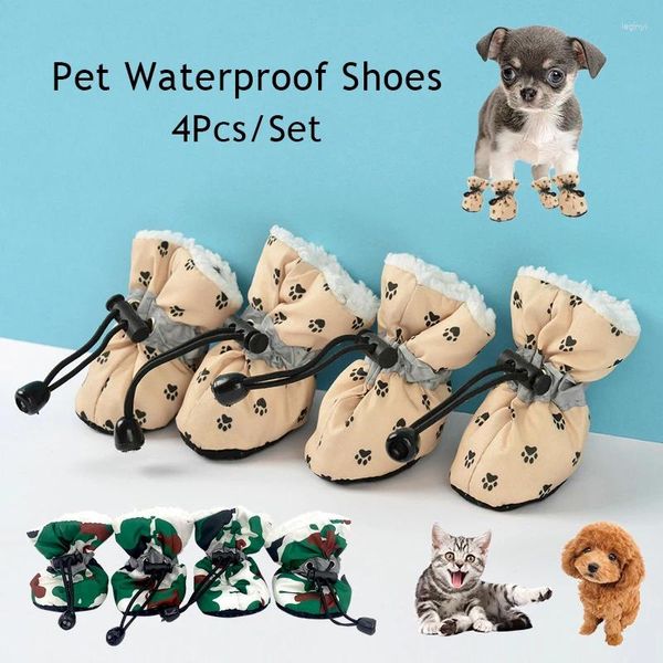 Ropa para perros Zapatos de otoño e invierno Vellón Cálido Suela suave Botas de lluvia impermeables Suministros para mascotas con estampado lindo