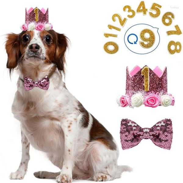 Ropa para perros, sombrero de corona de cumpleaños, con figuras de 0 a 9, accesorios de dijes, paquete de conjunto de decoración de lazo ajustable