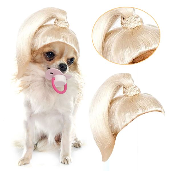 Ropa para perros Peluca rubia Mascota Gato Cosplay Pelucas cola Accesorios para el cabello dorado Fiesta de vacaciones Lindo Cómodo Sombrero ajustable Moda P3 230714