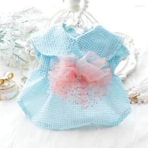 Vêtements de chien Bleu Plaid Poupée Collier Robe Pour Chiens Vêtements Chat Petit Point Rose Bowknot Jupe Vêtements Pour Animaux De Compagnie Mignon Mince Fille D'été Yorkshire