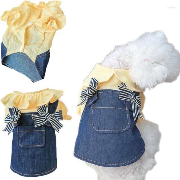 Ropa para perros Vestido de mezclilla con lazo para niñas Ropa para mascotas Primavera Verano Vestidos de vaquero Disfraces para cachorros Manga de burbuja Camisa para gato Falda Yorks XS