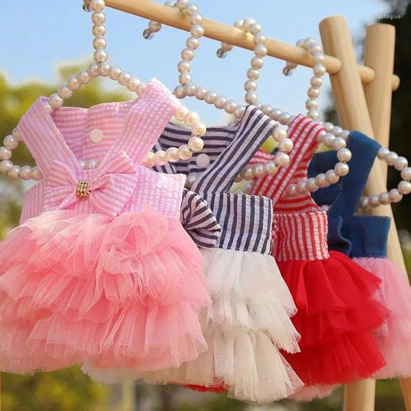 Ropa para perros Color caramelo Vestido de rayas Ropa Bowknot Decoración Suspender Falda Ropa pequeña Gato Moda Kawaii Fiesta Disfraz Artículos para mascotas