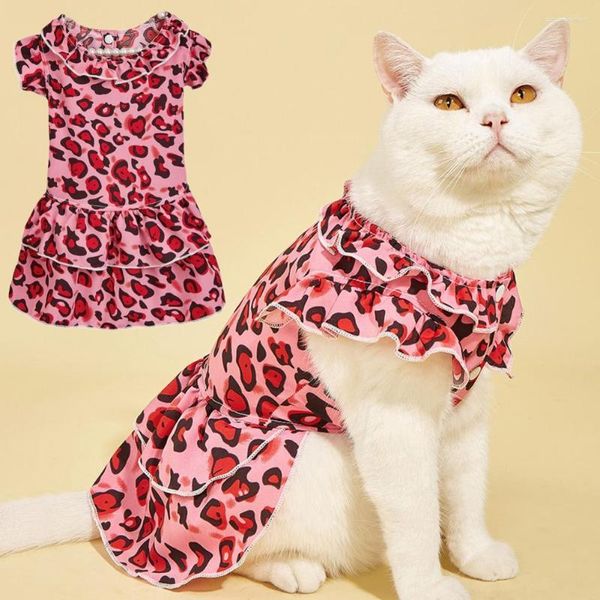 Vêtements pour chiens Robe de chat imprimé léopard ourlet à volants coton été vêtements à deux pattes pour l'extérieur