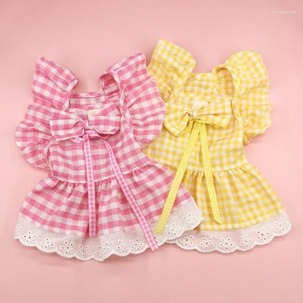 Vêtements pour chiens Robes de chat Bowtie Hairpin Cordon Summer Plaid mince avec jupe en dentelle mignonne Vêtements pour animaux de compagnie pour petite et robe de harnais de chiot