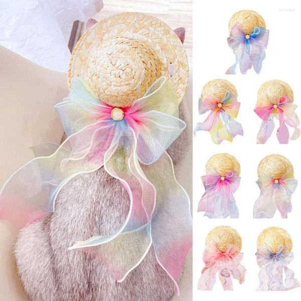 Vêtements pour chiens Chapeau de chat Chapeau de paille pour animaux de compagnie Fausse perle Design Ruban coloré Allergie sans allergie à la peau Résistant à l'usure Décoratif EAS